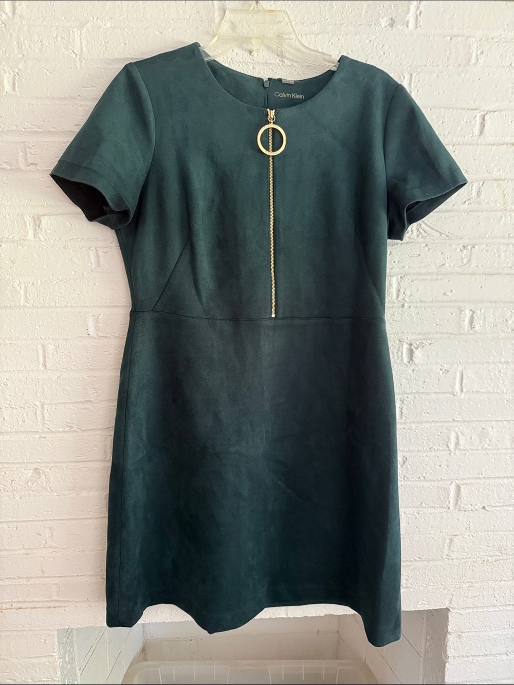 Calvin Klein Deep Teal Short Sleeve Sheath Dress with Ring Zip